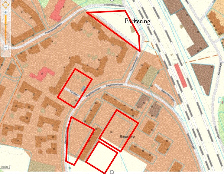 Karta över tänkt placering av bostäder i Bagartorp