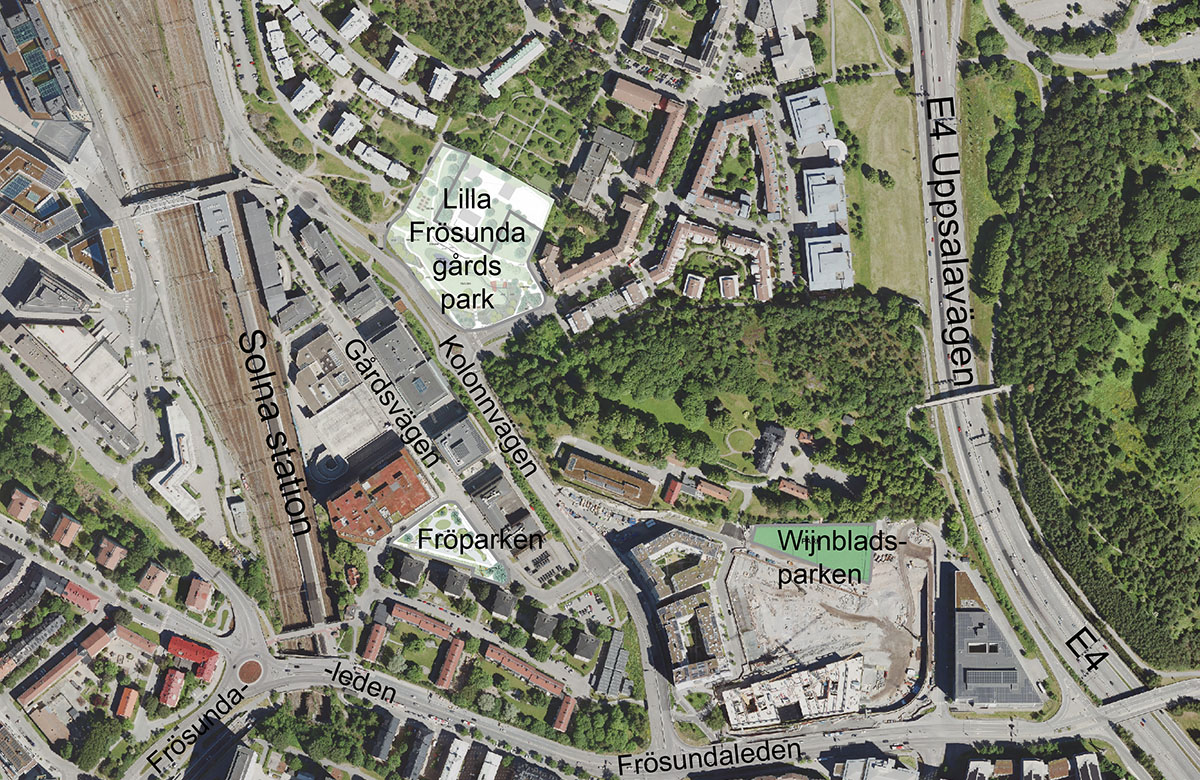 Vy över området där anpassningar för skyfall planeras: Lilla Frösunda gårds park, Fröparken och Wijnbladsparken.