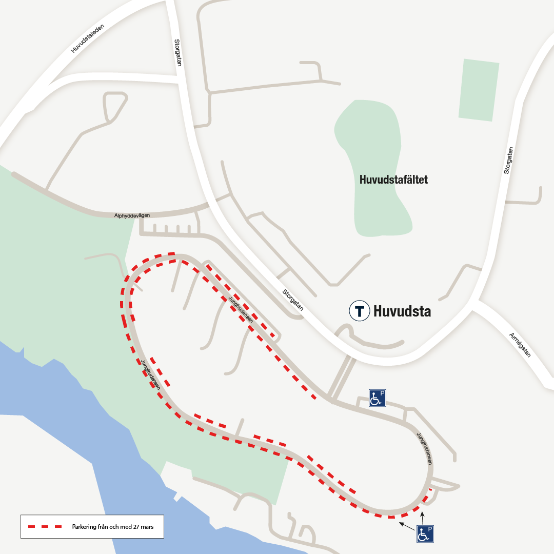Karta över parkeringsytor i Jungfrudansen under etapp 2.