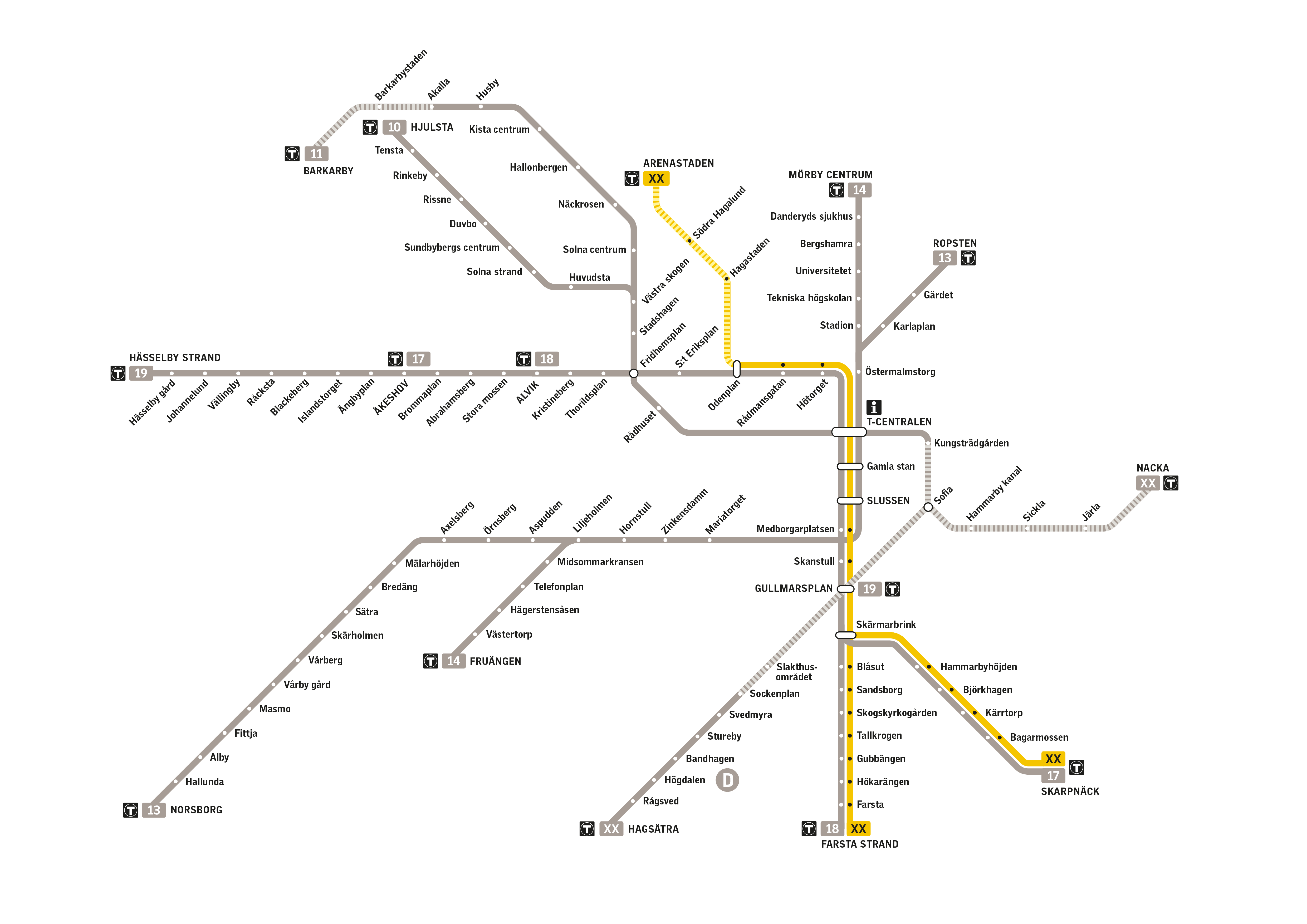 Tunnelbanenätet med utbyggnad av den gula linjen