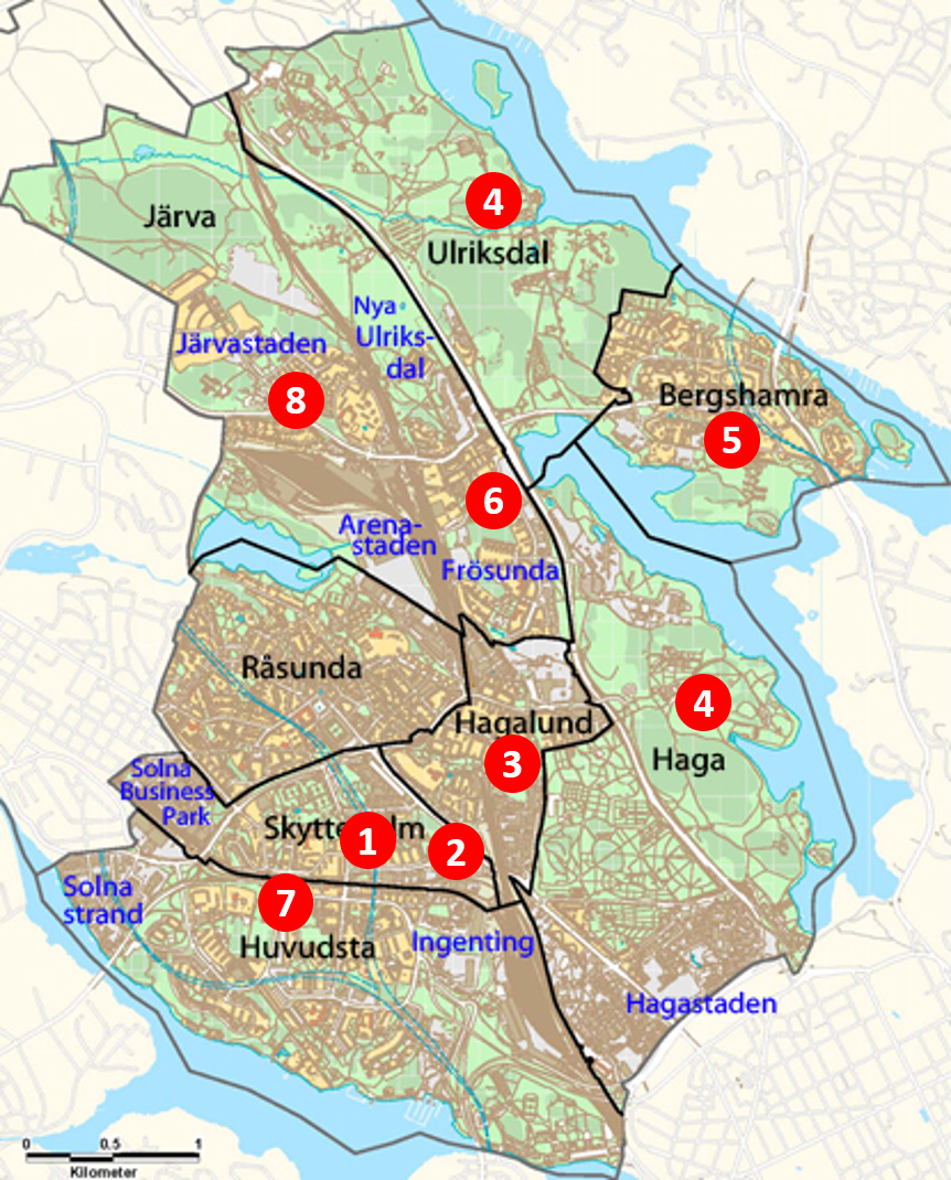 Karta över Solna som visar platser för olika typer av evenemang.