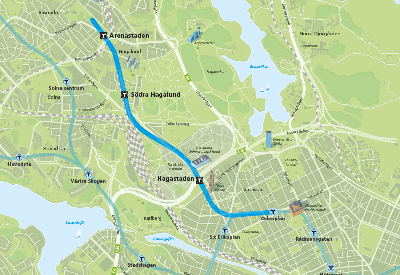 Dragning av nya gula linjen till Arenastaden. Karta.