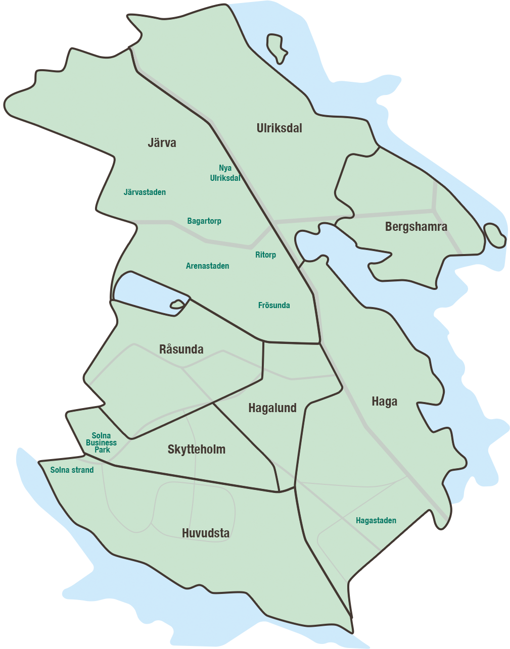 Karta över stadsdelar i Solna