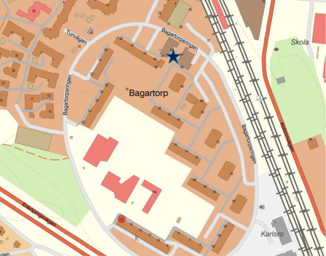 Bild visar plats för öppet hus på torget i Bagartorp, Bagartorpsringen, den 2 juni.