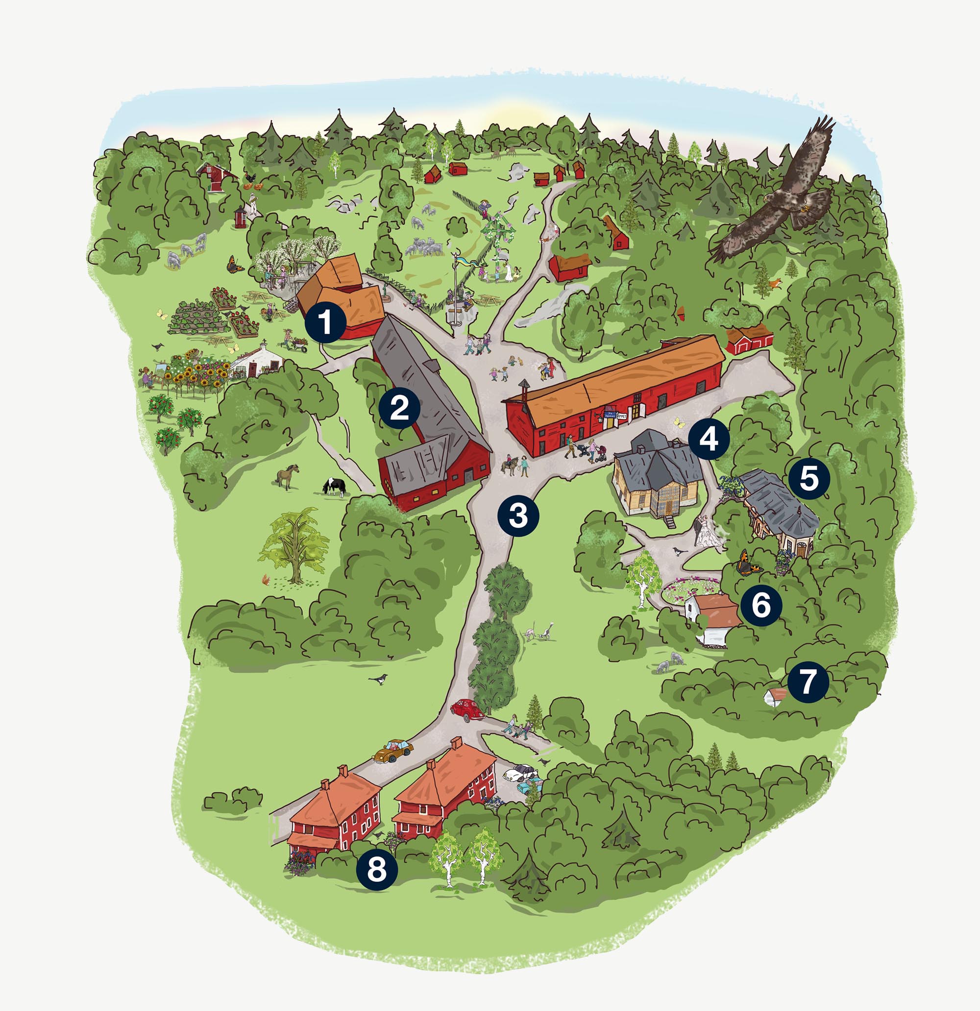 Illustrerad karta med markörer för vad som ska rustas upp och utvecklas på Överjärva gård.